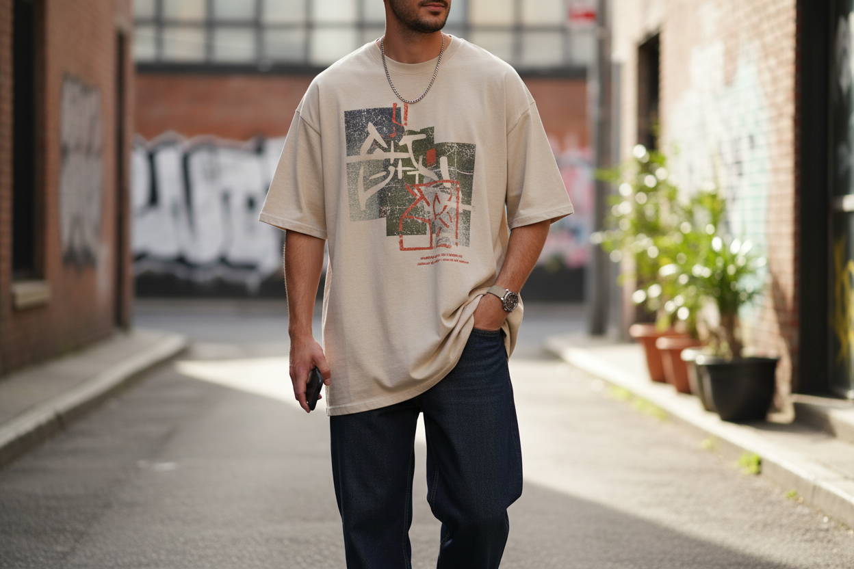 Beige Oversized Graphic Tee