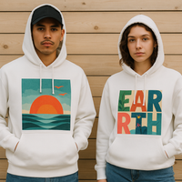 Two people wearing white hoodies with colorful designs against a wooden background