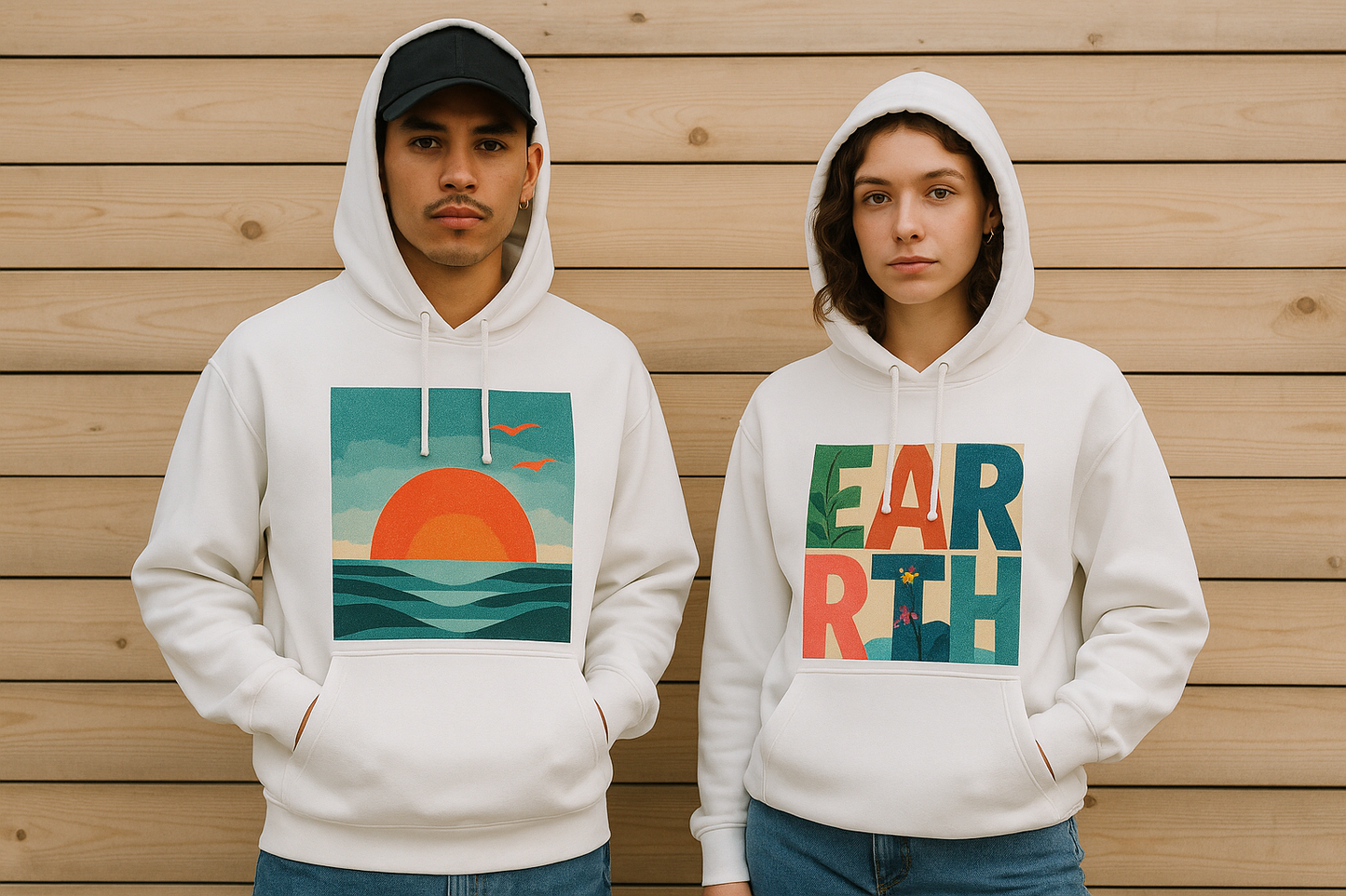 Two people wearing white hoodies with colorful designs against a wooden background