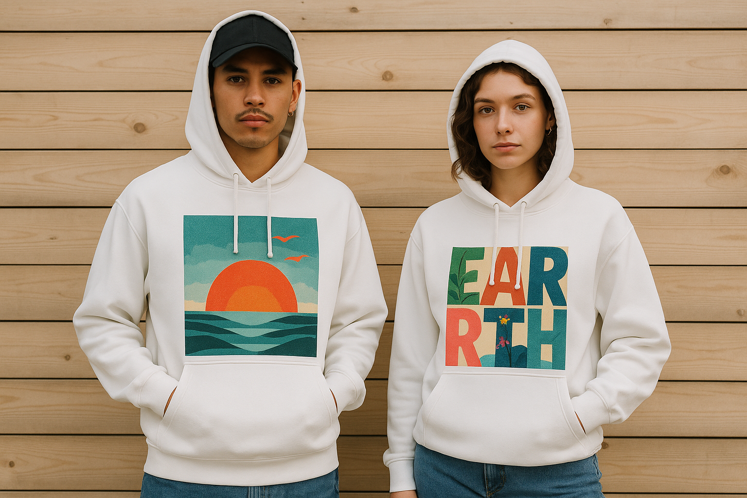 Two people wearing white hoodies with colorful designs against a wooden background